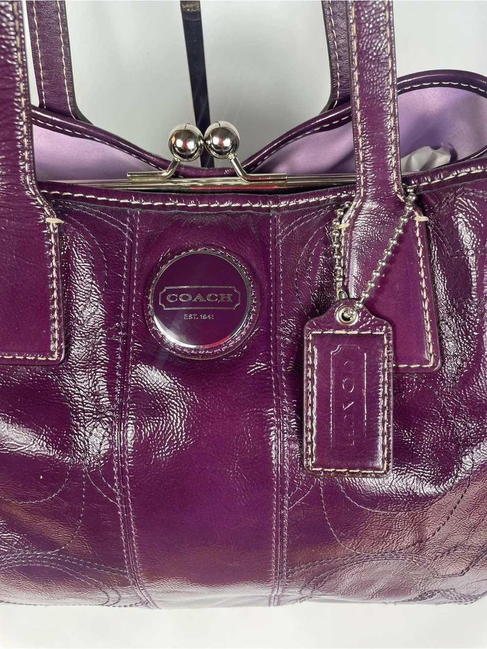 Coach Signature Stitch Plum Patent Leather Kiss-lock Carryall Y2K